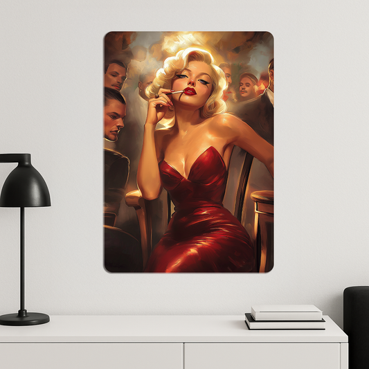 Kırmızı Elbiseli Sigaralı Kadın - Metal Poster
